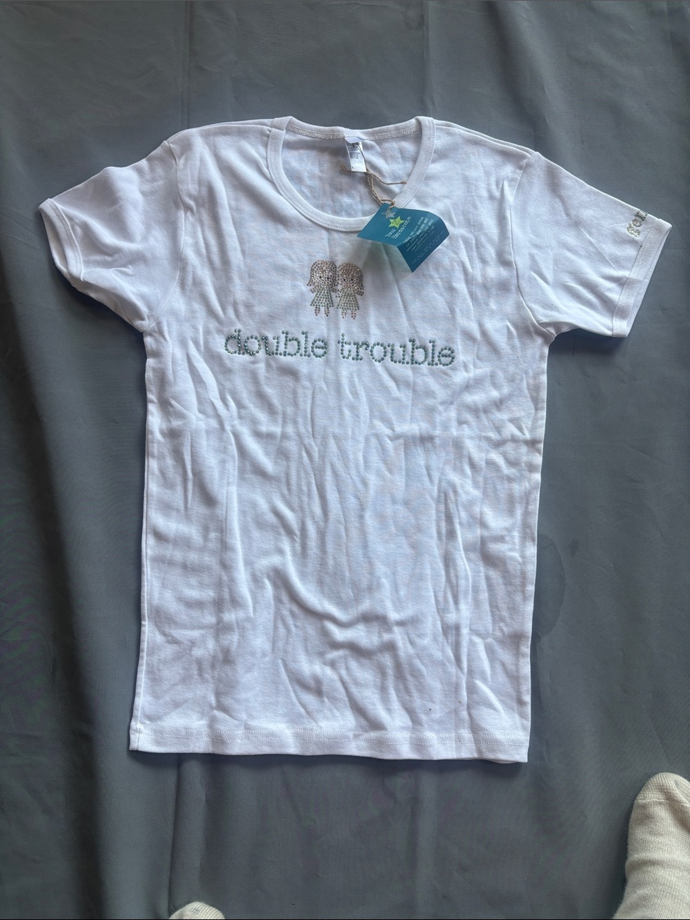 American Apparel White Short-Sleeve Tee with Rhinestone 'Double Trouble' Graphic
